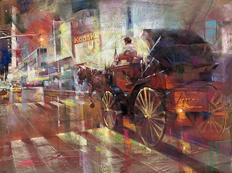 Pastel painting of a four-wheeled carriage on Times Square