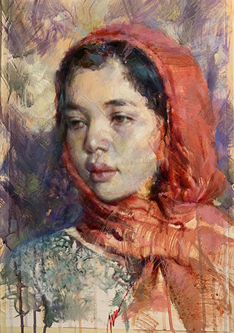 Portrait painting of a girl in warm light