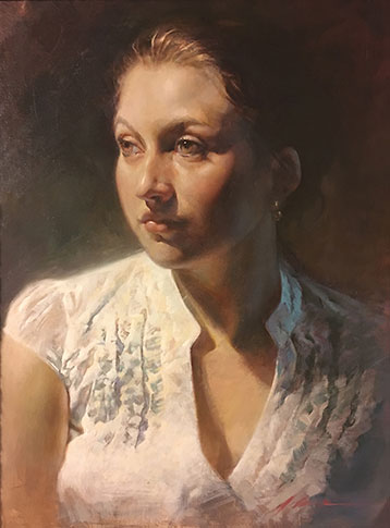 Portrait painting of a girl in warm light